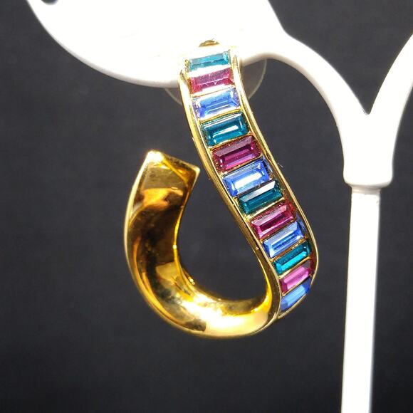 Vintage Swarovski Swan Logo Earrings, Gold Plated Rhinestone Hoop, 1990s Jewelry - Picture 3 of 10